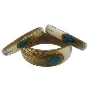 Hand Painted Peacock Bangle Bracelets Brass Enamel Set Of 3 Vintage